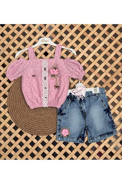 MİNYON BABY Girl's Set with Lace Detailed Floral Denim Shorts