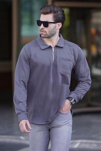 Madmext Ανδρικό μακρυμάνικο φούτερ με φερμουάρ Polo Neck 7057 - Smoked