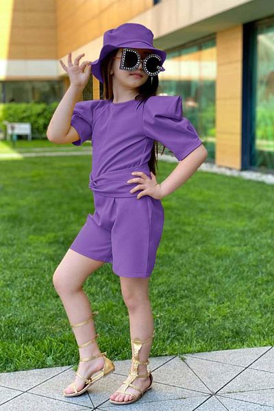 Riccotarz Girl's Crew Neck Half Sleeve Waist Tie Detailed Purple Shorts Jumpsuit