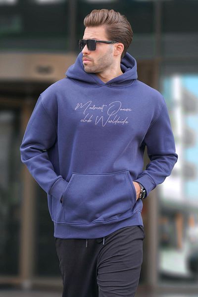 Madmext Ανδρικό φούτερ - Navy Blue, Hoodie, Pocket Detailed, Printed - 7064