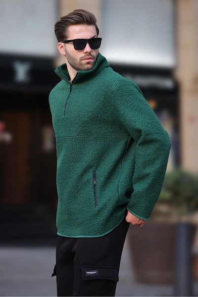Madmext Φούτερ Green Boucle - Stand Collar, Half Zipper 7084