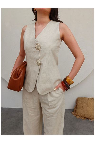 ESRAHELVACI Gold Buttoned Linen Trousers Set