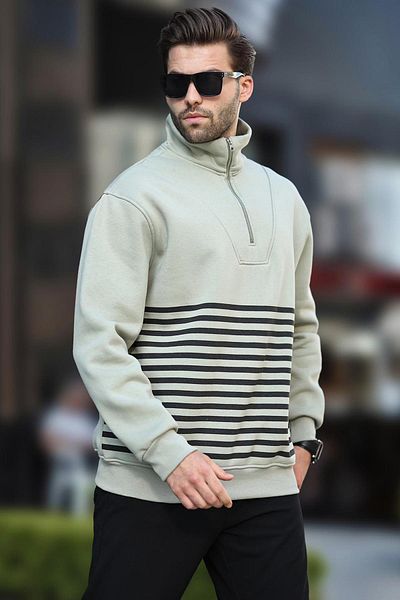 Madmext Gestreiftes Sweatshirt - Grün, Reißverschlusskragen, 7056