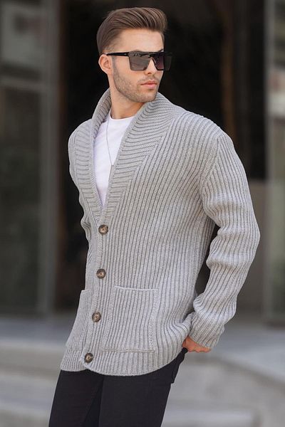Madmext Gray Stand-up Collar Pocket Knitwear Cardigan 6815