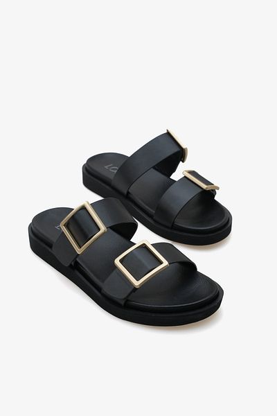 Stella Women's Double Banded Gold Buckle Casual Slippers Cesy Black