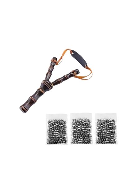 Depox Set praștie din lemn și 300 bile metalice, pentru airsoft și praștie de 6 mm, 19 cm, maro