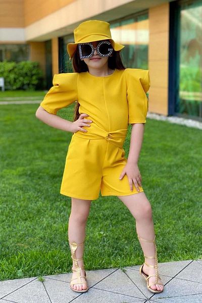 Riccotarz Girl's Crew Neck Half Sleeve Waist Tie Detailed Yellow Shorts Jumpsuit