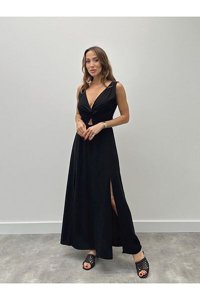 Maldia Shop Rochie neagră cu noduri de in pentru femei