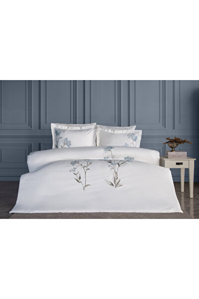 Dantela Lavinya Embroidered Cotton Satin Duvet Cover Set - Blue