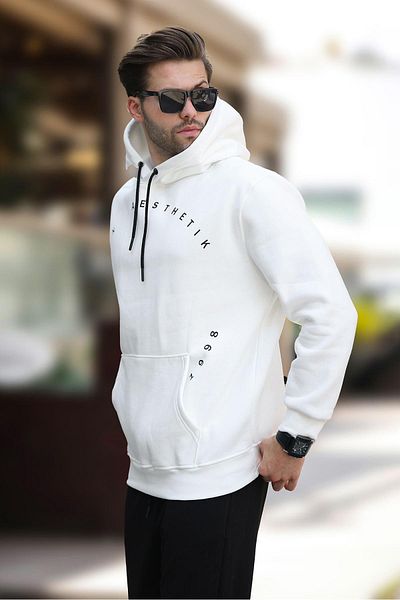 Madmext Besticktes Ecru-Sweatshirt mit Kapuze für Herren 7054 - Taschendetails