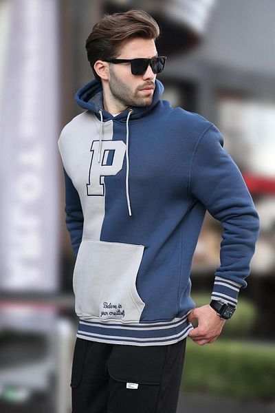 Madmext Ανδρικό φούτερ - Navy Blue Blocked, Hooded, Printed - 7078