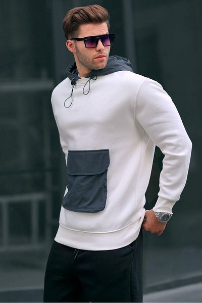 Madmext Ecrufarbenes Herren-Sweatshirt mit Kapuze und Kängurutasche 6138