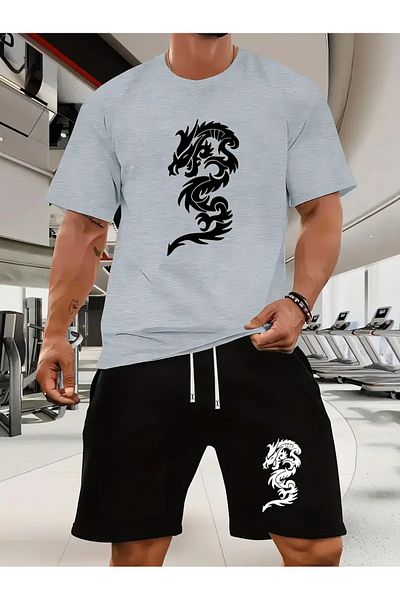 LAND MODA Men's Mysterious Black Dragon Printed Short Sleeve T-Shirt and Waistband Shorts Set, Casual Sports