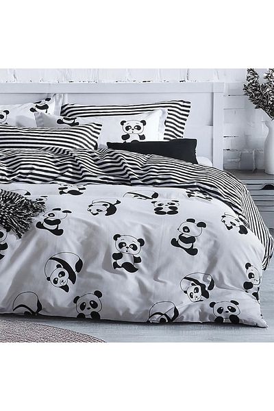 LC Waikiki Μαύρο Σετ Παπλωματοθήκη Easy Iron Double B&W Panda