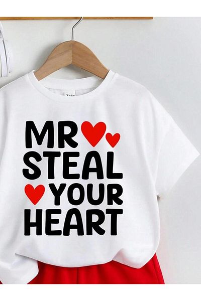 vinraus Girl\Boy White-Red Steal Your Heart Printed Combed Cotton Shorts-Tshirt Set