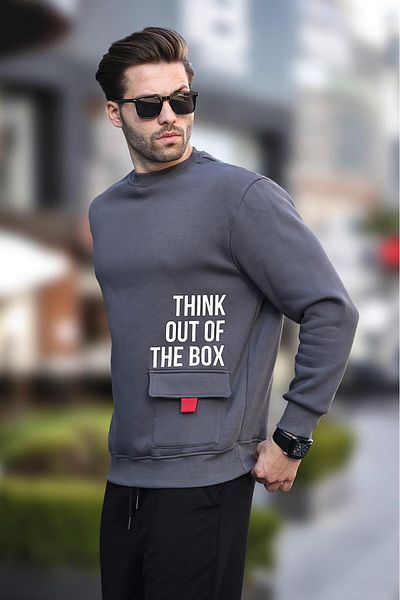 Madmext Ανδρικό φούτερ - Καπνιστό, Crew Neck, Raised Pocket Detailed, Printed, Model 7061