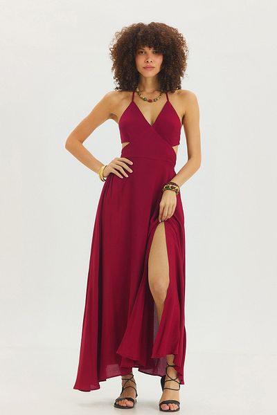 Clandestino Deep Slit Bohemian Maxi Dress Burgundy