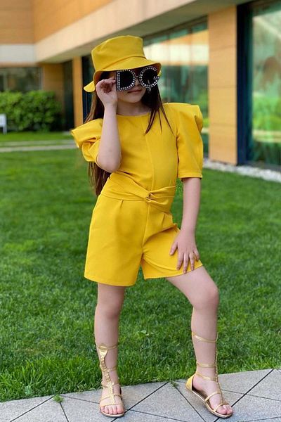 Riccotarz Girl's Crew Neck Half Sleeve Waist Tie Detailed Yellow Shorts Jumpsuit