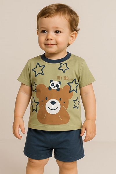 MİNYON BABY Teddy Bear Detailed Panda Printed Shorts Top and Bottom Set