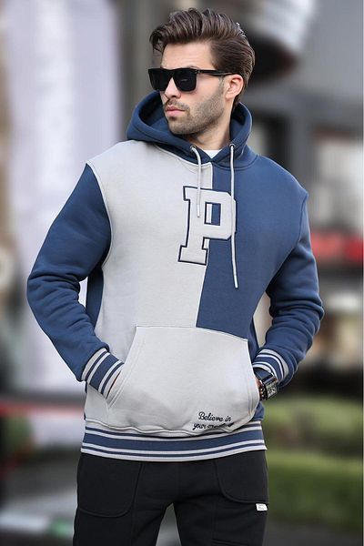 Madmext Ανδρικό φούτερ - Navy Blue Blocked, Hooded, Printed - 7078