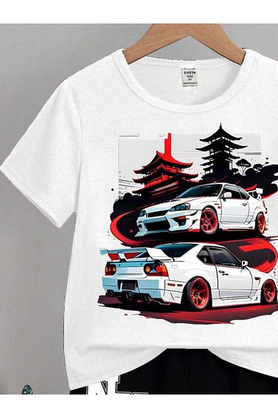 vinraus Set de tricou pentru fete/băieți alb-negru NY Cars din bumbac pieptănat