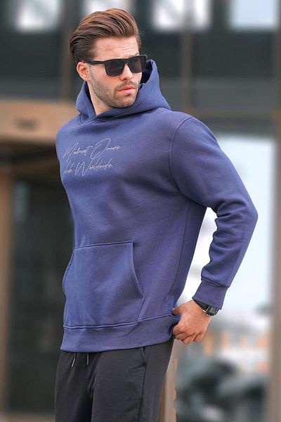 Madmext Ανδρικό φούτερ - Navy Blue, Hoodie, Pocket Detailed, Printed - 7064