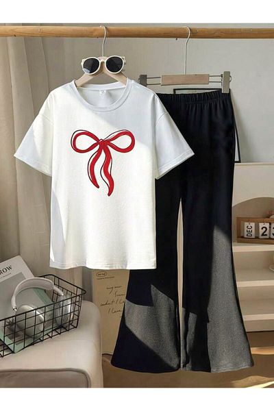 MORNİNG KİDS Girl's Red Bow Printed White T-Shirt-Black Flared Leggings Set