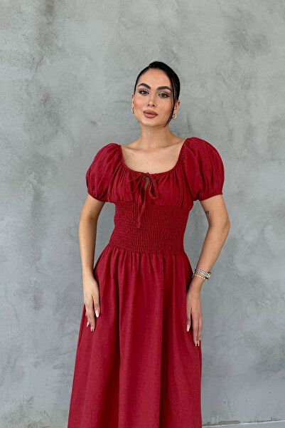 Seda Yalçın Atelier Κοντομάνικο φόρεμα μπορντό με γιπέ μπροστά