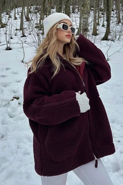 Madmext Burgundy Stand Collar Pocketed Plush Coat Mg1966