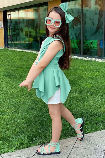 Riccotarz Girl's Zero Sleeve Asymmetrical Cut Belted Turquoise Tunic Shorts Suit