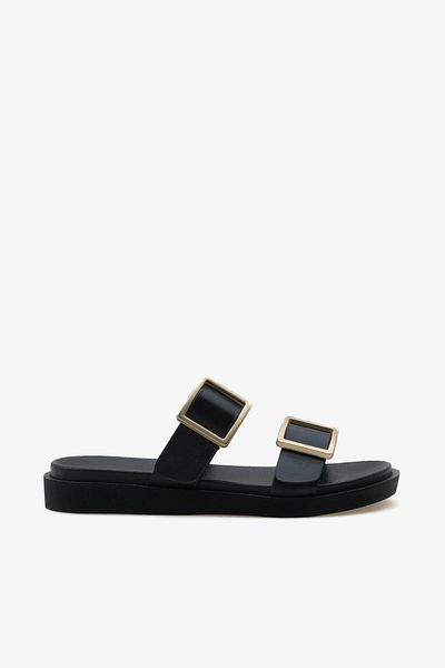 Stella Women's Double Banded Gold Buckle Casual Slippers Cesy Black