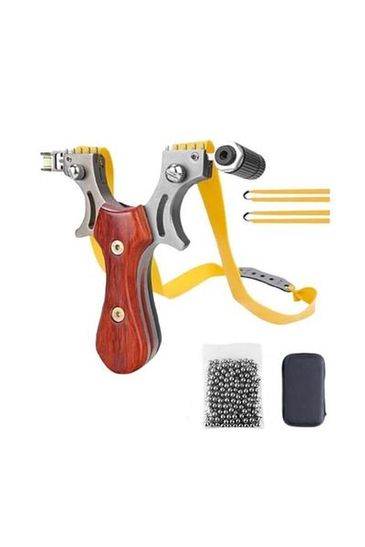 Depox Set praștie din metal cu laser și bile metalice 10 mm, 12 cm, mâner din lemn, maro, cutie inclusă