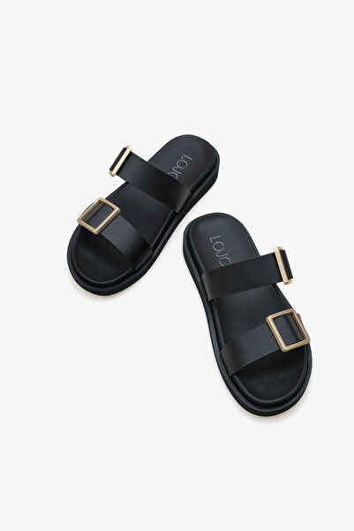 Stella kadın çift bantlı altın tokalı günlük terlik cesy siyah