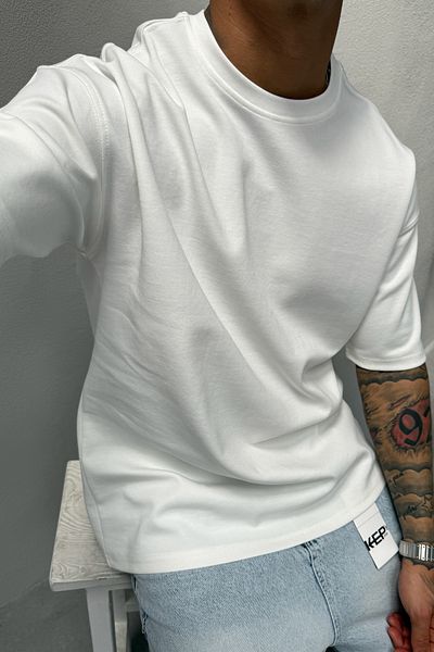 MADZEYMODA Ανδρικό μπλουζάκι με άνετη εφαρμογή Crew Neck Lycra White Basic T-shirt KE-3004