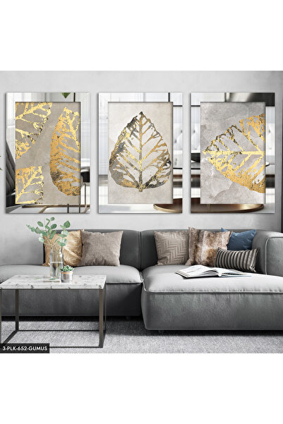 Evinemoda Gold Yaprak 3 Parça Pleksi Aynalı Tablo