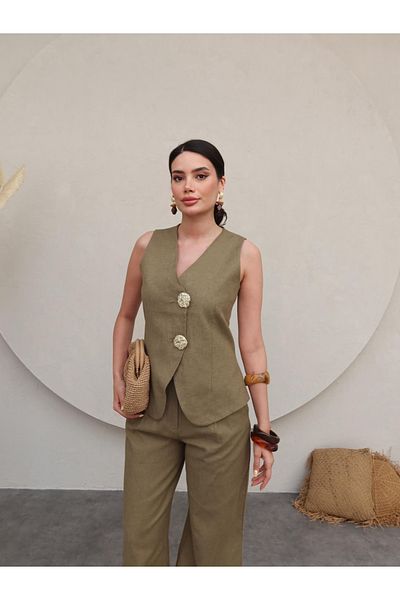 ESRAHELVACI Gold Buttoned Linen Trousers Set