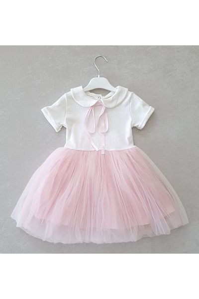 Şirin Şeyler Butiği Perla Rochie Tutu Pufoasă Prințesă Fete Mânecă Scurtă Guler Bebe Lycra Elastic Roz Alb