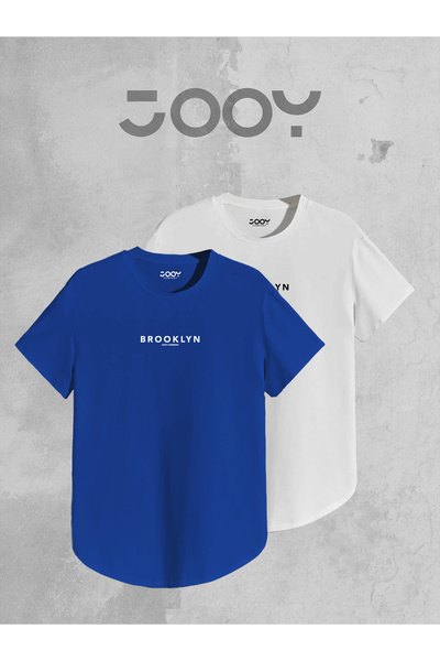 Jooy Company Brooklyn JC Baskılı Saks Mavi - Beyaz Oval Kesim Tshirt 2'li Set