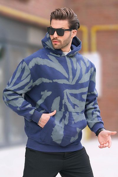 Madmext Ανδρικό φούτερ - Navy Blue, Hoodie, Pocket Detail, Printed, Model 7087