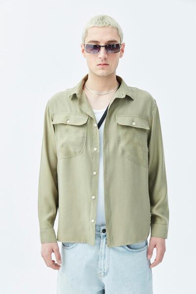 VAMOSCLO Çift Cep Detaylı  Uzun Kol Modal Kumaş  Gömlek Haki