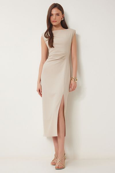 Lovelyİstanbul Rochie țesătă midi cu drapaj BEIGE LWF0029