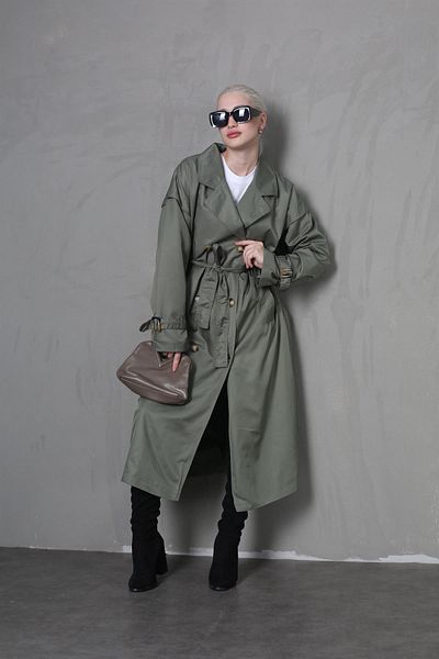 Madmext Grüner drapierter langer Trenchcoat MG1913