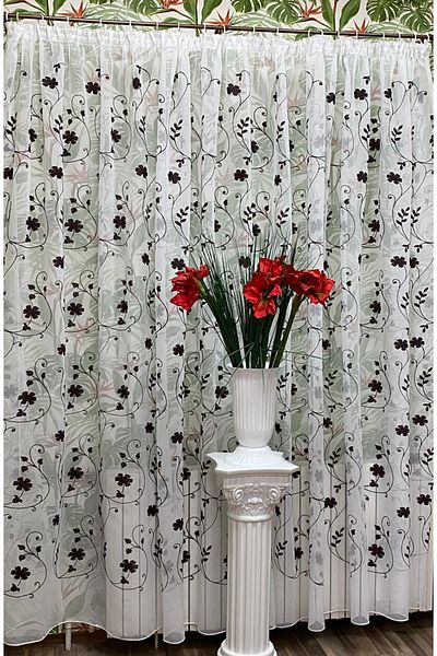 Liz Line Perdea alba cu flori wenge, din in, colectia "Inna" by Liz Line, 500x245cm, cu rejansa - RD1925