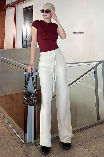 Madmext Beige Wide Leg - Adjustable Waist Trousers Mg2089
