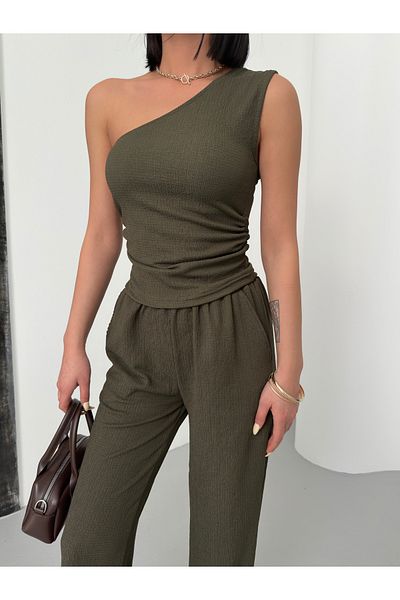 only moon Women's Clothing Wrinkle Fabric Pants-Blouse Set, Two-Piece Set
