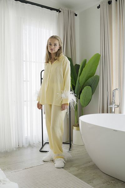Mita Concept Yellow Striped Ostrich Feather Pajama Set