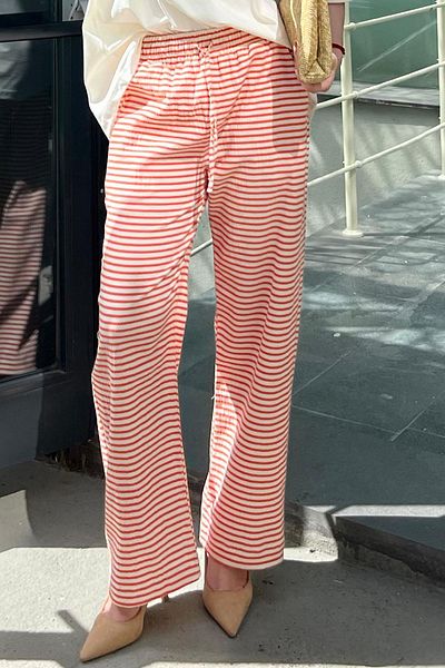 Madmext Bumbac cu dungi portocalii - Pantaloni cu picioare late cu talie reglabilă MG2133