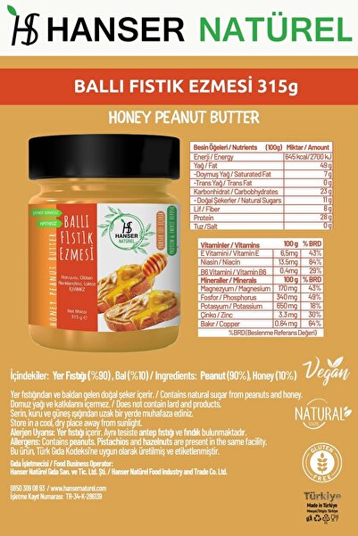 Hanser Natürel Natürel Ham Ballı Yer Fıstığı Ezmesi 315g
