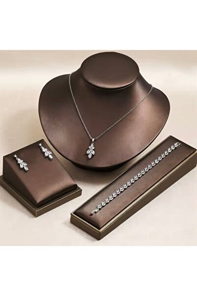 VİYA Libby Kadın Yaprak Desenli Zirkon Taşlı Kolye Küpe Bileklikli Düğün Seti