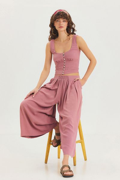 Clandestino Wide Leg Pleated Loose Skirt Trousers Dusty Rose